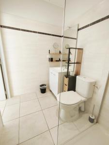 a bathroom with a toilet and a glass shower at Appartement centre Ax-les-Thermes proche télécabines & parking in Ax-les-Thermes +9 photos