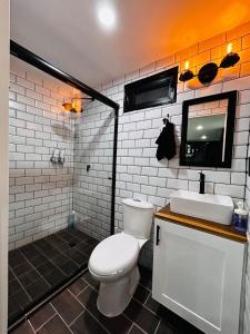 une salle de bains avec toilettes et lavabo dans l'établissement Casa de descanso, con Alberca climatizada, à Coyula