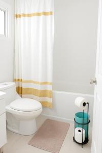 Un baño con inodoro y cortina de ducha en Alojamiento en Paine, 