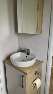 a bathroom with a white sink and a cabinet at Grahams Lodge in Tydd Saint Giles