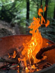un fuego en una olla con llamas en ella en Králíkova chatka, en Kaliště