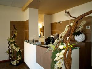 an office with a reception desk with flowers and a tree at Draconerium Hotel in Dronero