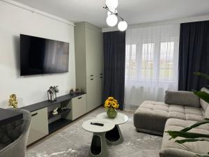 Una sala de estar con un sofá y un televisor de pantalla plana. en Modern Nest By David, en Sibiu