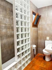 a bathroom with a glass block wall next to a toilet at Mas Ribas Hotel i Esdeveniments in Palamós