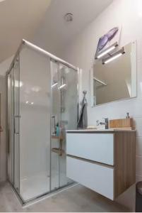 a bathroom with a shower and a sink and a mirror at Refuge des voyageurs - Phenix in Plouédern