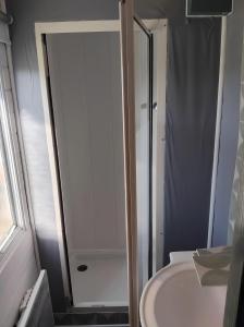 ein Badezimmer mit Dusche und weißem Waschbecken in der Unterkunft Le Cottage du Lavoir-La P'tite Maiz in Bourg-de-Visa + 7 Fotos