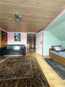ein Wohnzimmer mit einer Couch und einem Teppich in der Unterkunft Wohnung für Monteure & Handwerker in Neustadt am Kulm