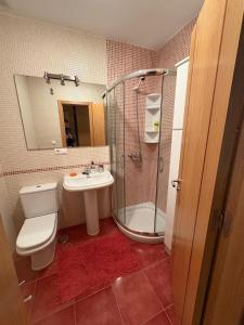 a bathroom with a shower and a toilet and a sink at Portosín beach apartment in Goyanes