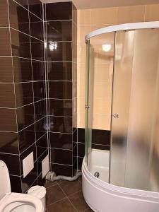 オルゲイにあるHotel Sofiaのトイレとガラスのシャワー付きのバスルーム
