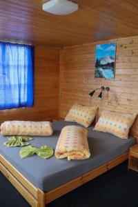 ein Bett in einem Holzzimmer mit zwei Kissen in der Unterkunft Pension Vyhlídka in Lužná