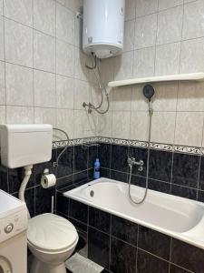 洛兹尼察Apartman Loznica Centar的浴室配有卫生间和浴缸内的淋浴