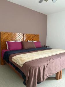ein Schlafzimmer mit einem großen Bett mit rosa und braunen Kissen in der Unterkunft Casa Pila Seca in San Miguel de Allende