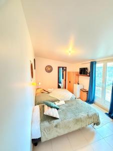 two beds in a bedroom with blue curtains at Maison Bon Séjour in Livry-Gargan