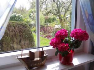 une fenêtre avec des fleurs roses dans un vase sur un rebord de fenêtre dans l'établissement Friesenhuus, à Butjadingen