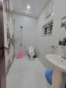 a white bathroom with a toilet and a sink at Airport Gateway Guesthouse in Rawalpindi
