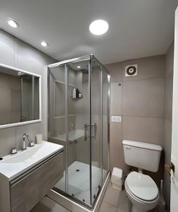 ein Badezimmer mit Dusche, Toilette und Waschbecken in der Unterkunft CosmoSur - El Bolson Centro in El Bolsón