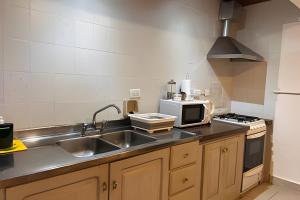 eine Küche mit Spüle und Mikrowelle in der Unterkunft CosmoSur - El Bolson Centro in El Bolsón + 6 Fotos