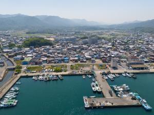 eine Luftaufnahme eines Hafens mit Booten im Wasser in der Unterkunft Guesthouse HIKETA Secret Base - Vacation STAY 92223v in Higashikagawa