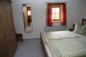 Schlafzimmer mit einem Bett, einem Spiegel und einem Fenster in der Unterkunft Ferienwohnung Paul in Pirna