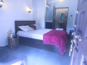 a small bedroom with a bed with a pink blanket at Carolina Deluxe GuestHouse Wi-Fi in Colva