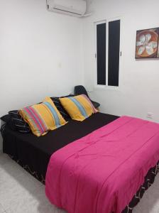 ein Schlafzimmer mit einem großen Bett mit einer rosa Decke in der Unterkunft Valencia 2 en piso familiar in Valencia