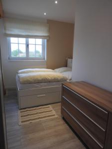 ein Schlafzimmer mit einem Bett und einem Fenster in der Unterkunft Hof Rüsch - FeWo Bökenacker in Kesdorf