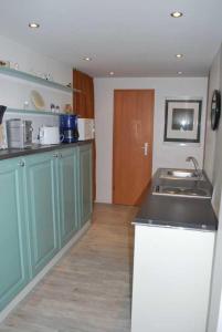 eine Küche mit grünen Schränken und einem Waschbecken in der Unterkunft Hof Rüsch - Bredensteen in Kesdorf