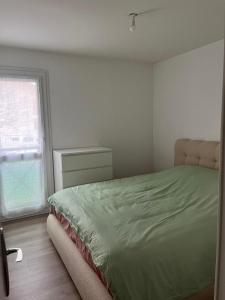 Ένα ή περισσότερα κρεβάτια σε δωμάτιο στο LOGEMENT ENTIEREMENT MEUBLE à VALLEIRY prêt de Genève