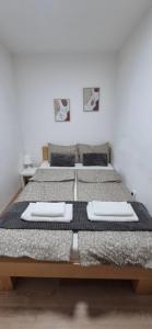 Dos camas individuales en un dormitorio con dos cuadros en la pared. en Blanco 5, en Novi Sad