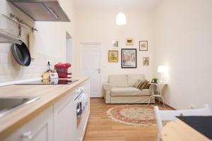 a kitchen and living room with a couch at Central Serenity near Piata Unirii in Oradea +4 photos