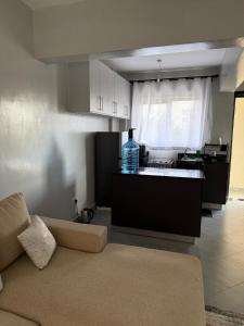 ein Wohnzimmer mit Couch und Küche in der Unterkunft One Bedroom Apartment near KSG - Arc II in Nairobi