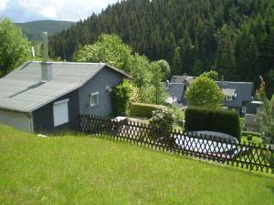a house in a yard with a fence at Heatable Pool Retreat in Neuhaus am Rennweg