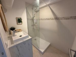 une salle de bain blanche avec une douche et un lavabo dans l'établissement Magnifique T3 proche Paris & Disneyland, à Ozoir-la-Ferrière