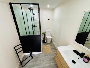 a bathroom with a shower and a white sink at Le Maréchal Chic - Centre ville - Rive de Gier in Rive-de-Gier +13 photos