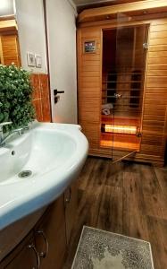 a bathroom with a sink and a glass shower at hostinec Thérése in Petrovice +25 photos