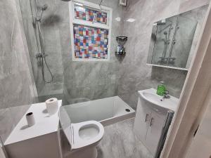 a bathroom with a toilet and a sink and a shower at home from home 2 bed flat in Kingston upon Thames