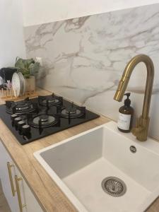 eine Küchentheke mit einer Spüle und einem Herd in der Unterkunft B&B La Fenice in Chieti