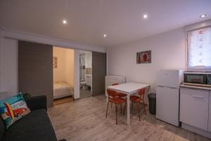 a small living room with a kitchen and a table at Studio central 002B in Saint-Étienne +1 photo
