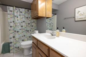 a bathroom with a sink and a toilet and a shower curtain at Near UNT - Downtown Denton - Full Fenced Backyard in Denton +34 photos