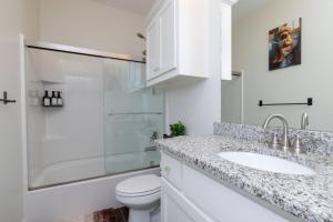 a bathroom with a toilet and a sink and a shower at Fenced Backyard - Walk to Old Town Lewisville in Lewisville +27 photos
