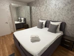 Un dormitorio con una cama grande con espejo. en GT Loft - Haut de Gamme - Parking Gratuit - Moderne & Spacieux - Commerces à Proximité, en Bischheim