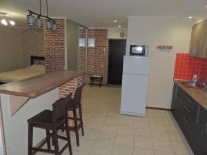 a kitchen with a counter and a kitchen with a refrigerator at Academic apartment in Vinnytsya