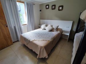 ein Schlafzimmer mit einem Bett mit Kissen und einem Fenster in der Unterkunft Acol cabañas 1 y 2 in Perito Moreno
