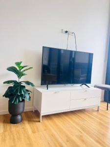 een tv op een witte kast met een potplant bij Azure View One-Bed in Gold Coast