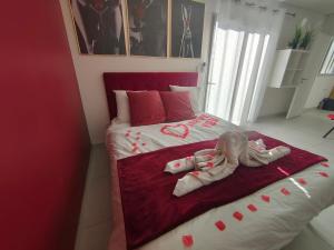 Postel nebo postele na pokoji v ubytování Un amour passionnel,love room,15 min du zoo,balnéo XL privatisée et disponible toute l'année ,piscine couverte et chauffée d'avril à fin septembre à partager avec d'autres logements et elle est privatisée de 20h à 22h + 26 fotografií