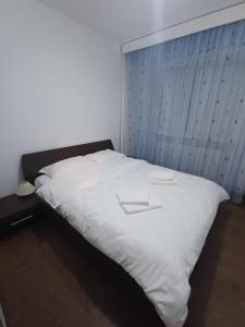a bed in a room with a white blanket at Apartament Rovine in Craiova