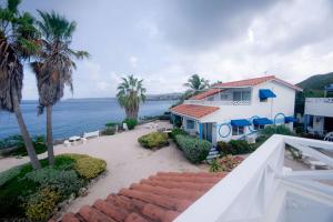 a white house with palm trees and the ocean at Uncle Bobs Reef in Sabana Westpunt