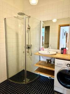 a shower in a bathroom with a sink and a washing machine at Melrose Place in Helsinki