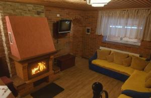 a living room with a couch and a fireplace at Золотий Ключик in Vyshka +33 photos