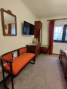 ein Wohnzimmer mit einer Couch und einem Spiegel in der Unterkunft Courtyard Studio in Oradea